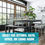Bright modern dining room with large windows and a teal banner reading great for kitchen, bath, office, or living room