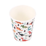 Top-down view into an empty dinosaur-patterned paper cup showing interior and exterior print
