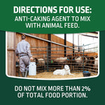 Directions graphic showing a farm scene with livestock and text about using as an anti-caking agent and mixing limits