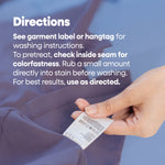 Directions graphic showing someone checking a garment care label with text about pretreating and washing instructions