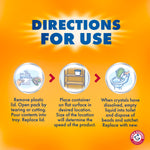 Directions for use graphic with three illustrated steps showing removing lid, placing container, and emptying dissolved crystals