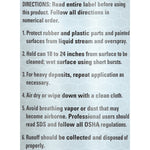 Close-up of product directions on a textured gray background describing use, distance, drying and safety precautions.