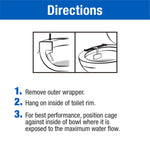 Directions panel with two line-drawn diagrams and numbered steps explaining how to remove wrapper and hang the freshener.