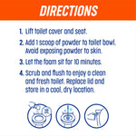 Directions panel showing numbered steps to lift seat, add one scoop, wait 10 minutes, then scrub and flush with icons