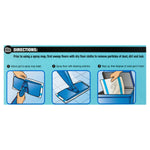 Directions header above three step illustrations for attaching pad, spraying floor, and disposing of used pad