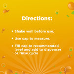 Directions panel on orange background instructing to shake, use cap to measure, and fill to recommended level