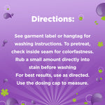 Directions text panel on a purple background with washing and pretreat instructions for the product