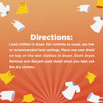 Directions panel on an orange background listing dryer use instructions in white text surrounded by small clothing icons.