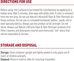 Close-up product directions text panel titled 'Directions for Use' and 'Storage and Disposal' with usage warnings and storage advice.
