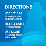 Directions graphic advising 'Use 1/2 cap for energy-saving cold wash settings' with bottle silhouette on blue background