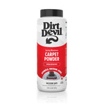 Tall Dirt Devil Spring Meadows carpet powder bottle with red and white label and black cap on white background.