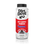 Tall Dirt Devil pet carpet powder container with red label and black cap on white background