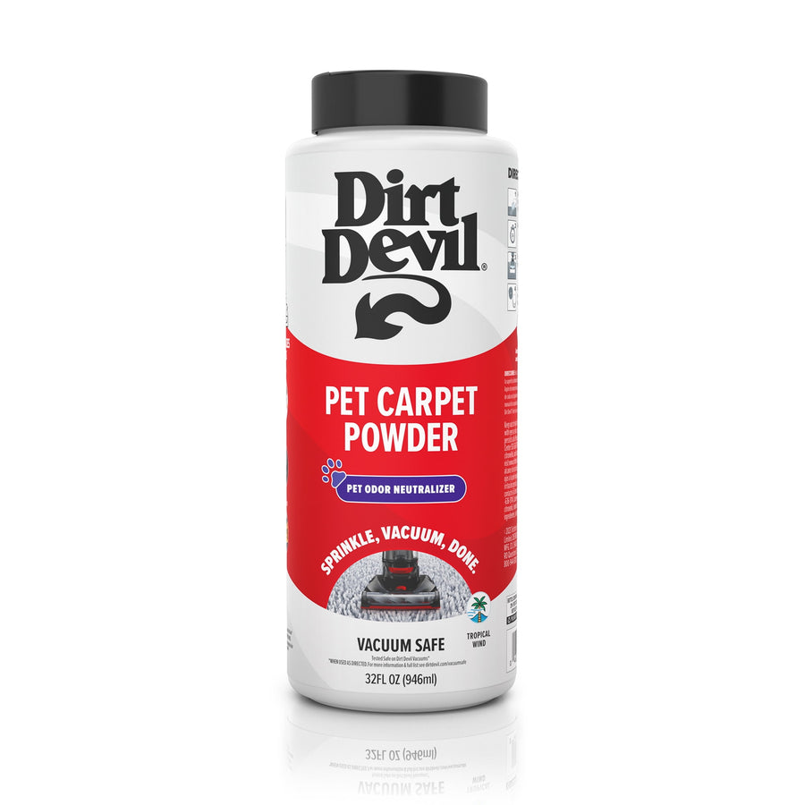 Tall Dirt Devil pet carpet powder container with red label and black cap on white background