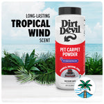 Dirt Devil pet carpet powder bottle against a tropical ocean backdrop with 'Tropical Wind' scent text