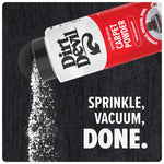 Dirt Devil carpet powder container tilted, powder pouring onto dark carpet with overlay text "SPRINKLE, VACUUM, DONE."