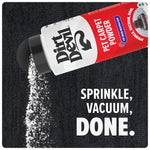 Dirt Devil powder canister tipped over spilling white powder onto dark carpet with 'Sprinkle, Vacuum, Done' text