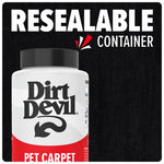 Close-up of Dirt Devil powder container top with 'Resealable Container' headline on dark textured background