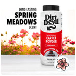 Dirt Devil Spring Meadows carpet powder bottle staged in front of a field of pink wildflowers with "SPRING MEADOWS" text.