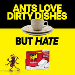 Stacked dirty dishes and a coffee cup pictured above bold yellow text 'ANTS LOVE DIRTY DISHES' with a small Raid product image.