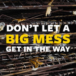 Close-up of dirty oven racks with bold text overlay reading “DON’T LET A BIG MESS GET IN THE WAY”