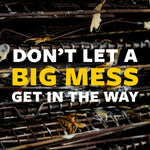 Close-up of dirty oven racks with large bold text reading "DON'T LET A BIG MESS GET IN THE WAY"