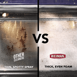 Split comparison of dirty oven surface labeled ‘Other Cleaners’ versus thick even foam labeled ‘Weiman’