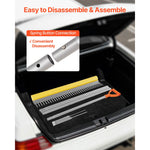 Disassembled rake components laid out in a car trunk with inset close-up of a spring-button connection for easy assembly.