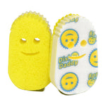 Pair of yellow Dish Daddy sponge refills displayed side-by-side showing textured yellow foam face and printed white scrubbing back with logos.