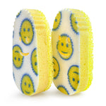 Two yellow Dish Daddy sponge refills shown upright, patterned white scrubbing side with smiley-face logos and textured yellow foam edges.