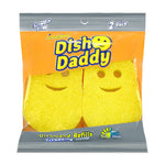 Single retail bag of Dish Daddy refill sponges with two yellow smile-faced sponge refills visible through orange and gray packaging.