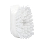 Close-up of a white Dish Daddy replacement brush head with dense white nylon bristles on a curved plastic base.