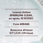 Graphic over a soapy dish background listing cleaning claims: sparkling clean, cuts grease, removes stuck-on food
