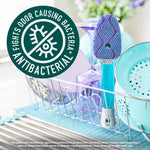 Dishwand scrubber head standing in a dish rack with an 'ANTIBACTERIAL' badge overlay highlighting odor-fighting claim