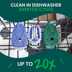 Three removable dishwand heads placed in a dishwasher rack with text about cleaning in dishwasher sanitize cycle