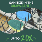 Two dishwand refill heads placed on a dishwasher rack with text 'SANITIZE IN THE DISHWASHER' and 'UP TO 20X'.