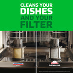 Split image of a dishwasher filter showing a dirty filter on left and a cleaned filter on right with cleaning claim above