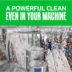 Dishwasher interior with water spray and assorted dirty dishes and cookware, headline about powerful clean