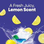 Graphic of a dishwasher pac splashing in water with lemon wedges and headline A Fresh Juicy, Lemon Scent on purple background