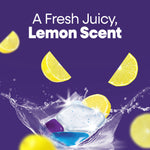 Graphic showing a dishwasher pac in splashing water with lemon slices and text highlighting a lemon scent