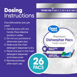 Dosing instructions panel beside a partial image of the Great Value dishwasher pac pouch and a circular 26 pacs badge