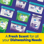 Tiled pattern of assorted Great Value dishwasher pac packaging over a blue background with yellow banner reading a fresh scent