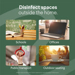 Informational green panel depicting uses outside the home with images for Schools, Offices, Public transport, Outdoor seating