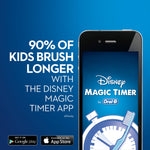 Promotional graphic for Disney Magic Timer app by Oral‑B showing a smartphone and claim about kids brushing longer