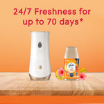 Glade automatic dispenser and a refill can on a wood surface with text claiming 24/7 freshness for up to 70 days.