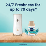 Dispenser and a Glade Sky & Sea Salt refill on a wooden surface with text '24/7 Freshness for up to 70 days'