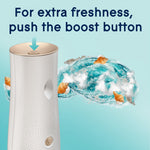 Top-of-dispenser boost button highlighted by an arrow with text 'For extra freshness, push the boost button' and wave graphics