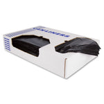 Low-angle view of a white cardboard dispenser box with stacked black can liners visible through cutouts