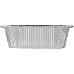 Side profile of a disposable aluminum steam pan showing ribbed sides and rolled rim on a white background
