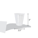 Illustration showing a disposable cup on a hand silhouette with measurements 2.5" width and 3" height