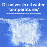 Underwater image of a dissolving detergent pod with text ‘Dissolves in all water temperatures’ on blue background